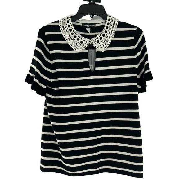 Karl Lagerfeld Top Womens Medium Striped Sweater Lace Neck Ruffle Sleeve Keyhole - Picture 6 of 12